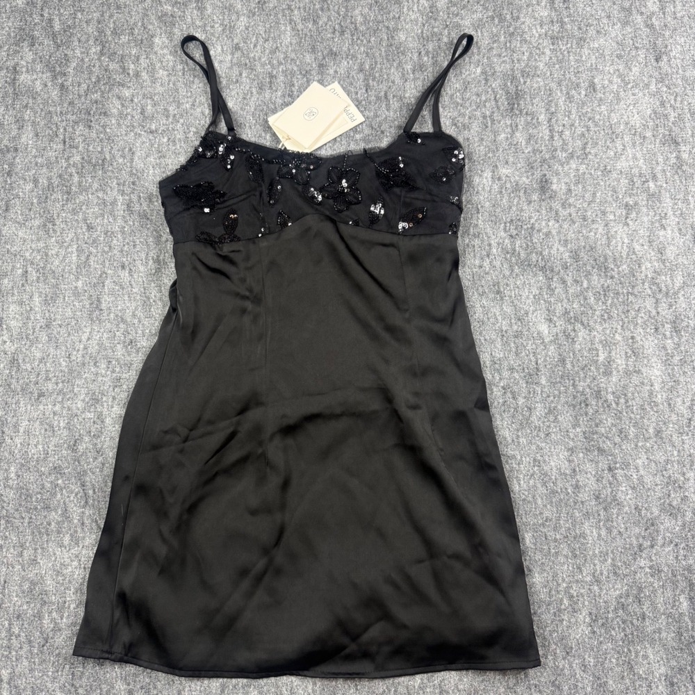 Peppermayo Zion Mini Dress Womens US 2 Black Beaded Floral Satin Slip Dress NWT